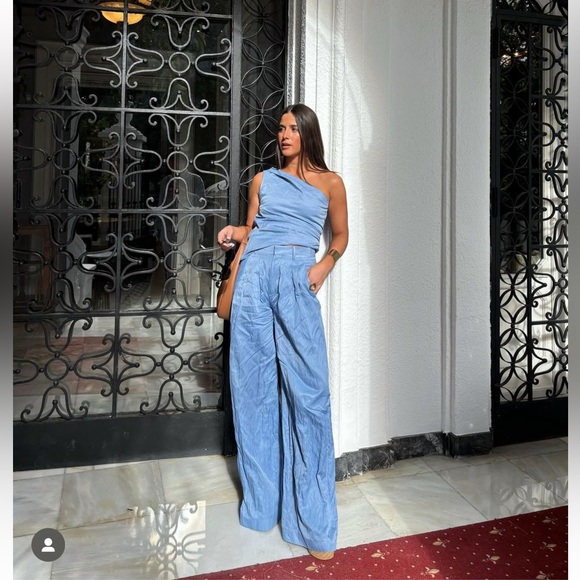 Zara Other - Zara Light Blue One-Shoulder Top and Wide-Leg Pants Set